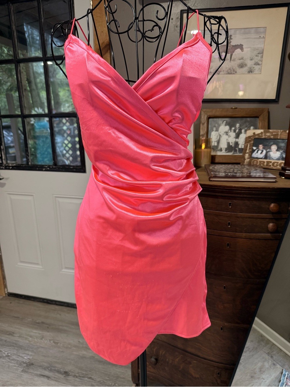 Fashion Nova Hot Pink Satin Ruched Wrap Mini Dress